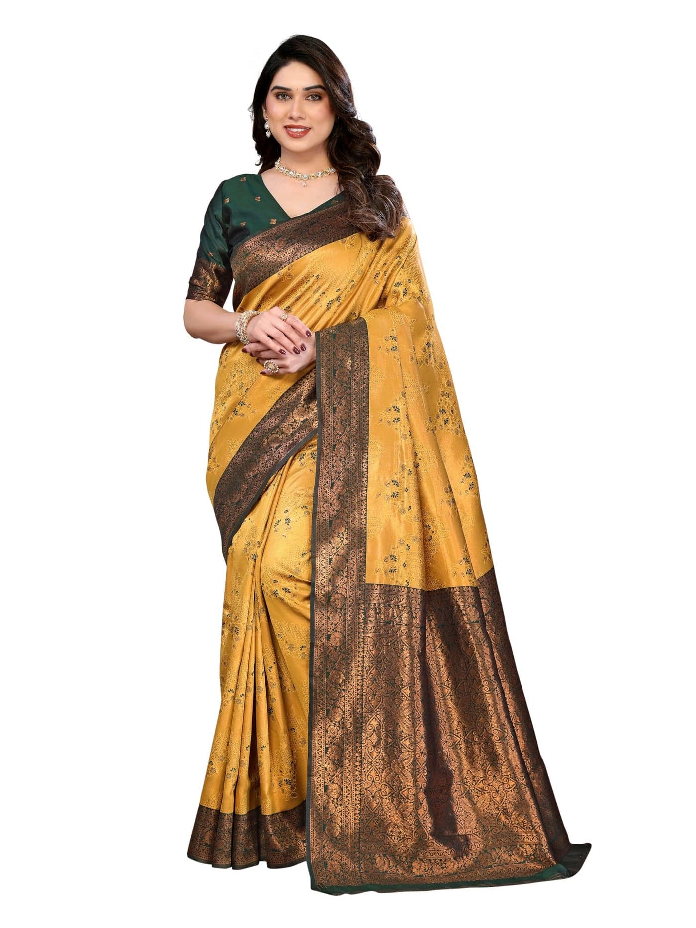 Avantika Fashion Women's Kanjivaram Style Soft Silk Banarasi Sarees With Blouse Piece For Women (GOLD-GREEN)