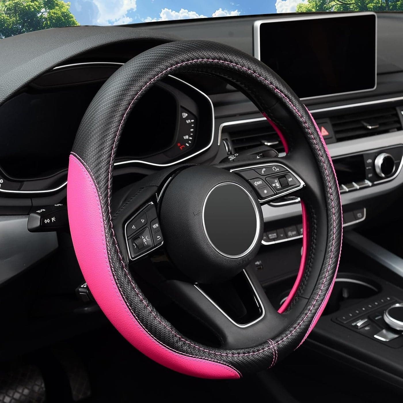LABBYWAY Microfiber Leather Auto Car Steering Wheel Cover Universal Fit 15 Inch AntiSlip Wheel Protector Pink