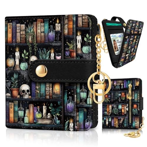 Jogjam Bookshelf and Skull Goth Gothic Skeleton Rfid Women Wallet, Small Slim Thin Compact Travel Credit Card Wallet, PU Leather Bifold Cash Wallet, Zipper Coin Pocket ID Window, Female Ladies Gifts