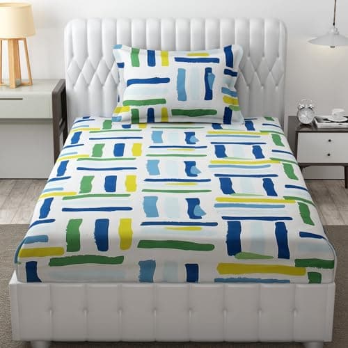 FRESH FROM LOOM Microfiber Rotary Printed Bed Sheet Set - Single Size, Hypoallergenic, Wrinkle Free with 1 Pillow Covers (60x90 Inches | Multi Line, Lining Design), 144 TC