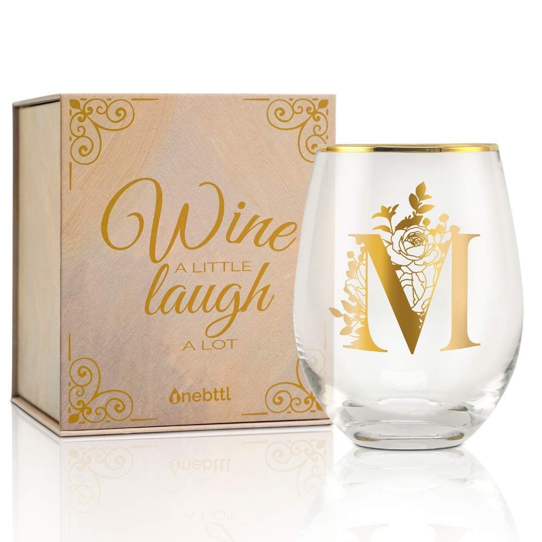 Onebttl Unique Stemless Wine Glasses Initial Wine Cup for Red or White Wine 18oz Monogrammed Gold for Women Girls Female Her Friends Coworkers Clients for Birthday Christmas
