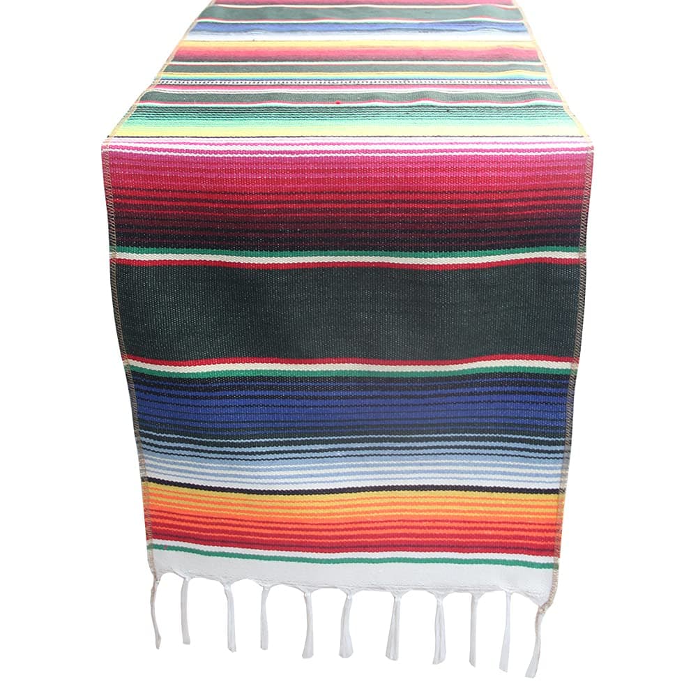 Mexican Serape Table Runner for Mexican Theme Party Cinco de Mayo Fiesta Party Day of Death Decorations Falsa Classic Striped Fringe Pattern Cotton Blanket Forest Green14x84 inches