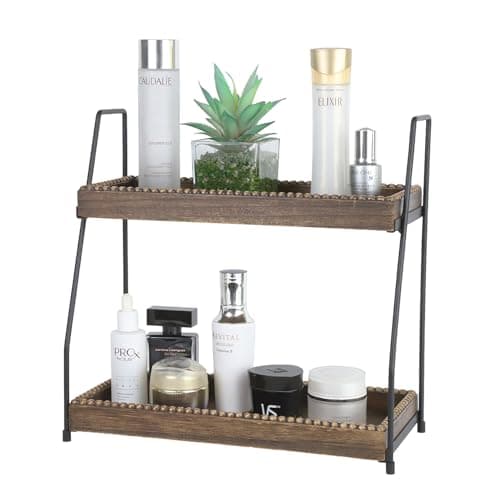 Gurfuy Bathroom Vanity Organizer 2-Tier Wood Countertop Storage Counter Shelf for Makeup Skincare Perfume Jewelry Tray Spice Rack Brown