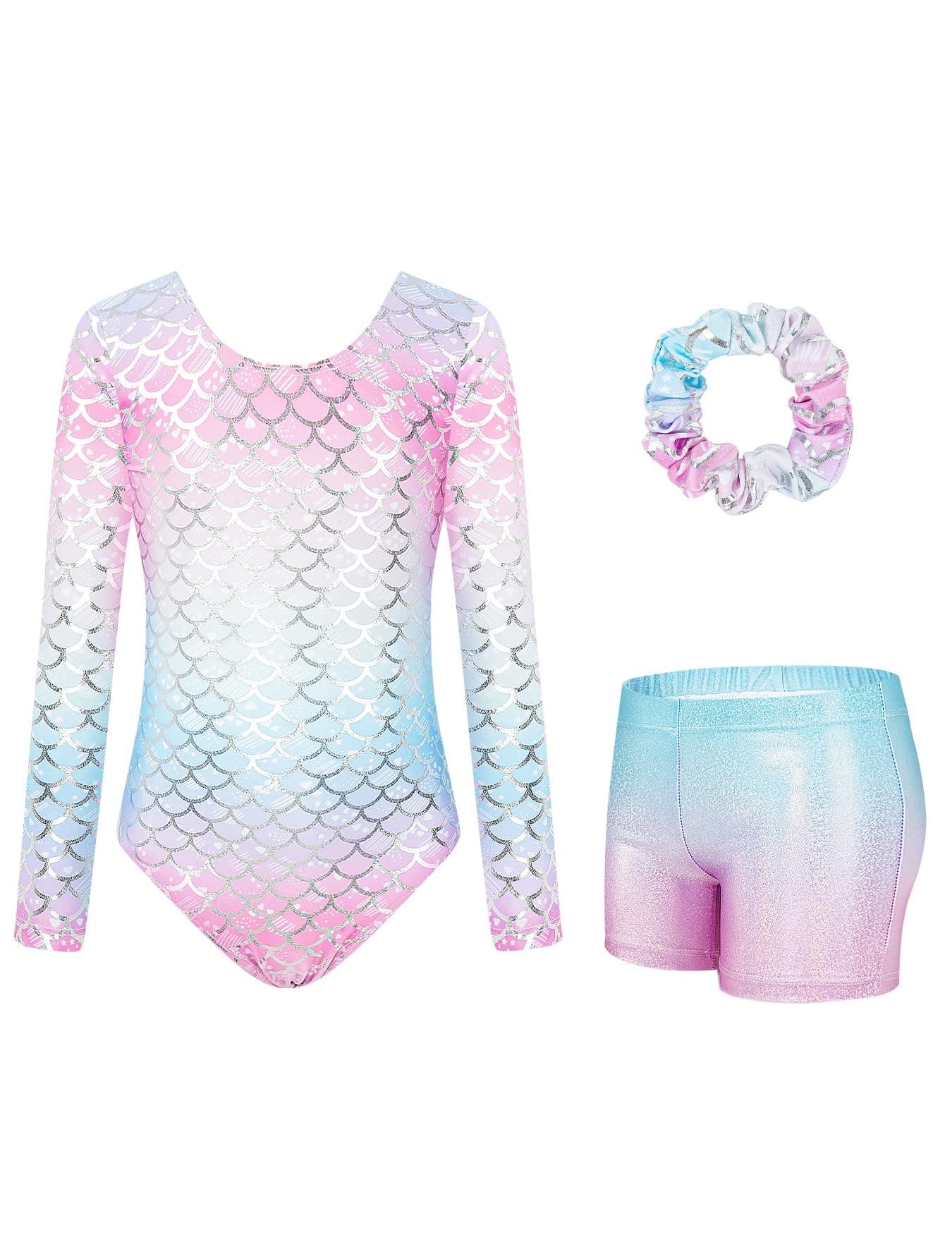 JiAmy Leotards for Girls Gymnastics, Long Sleeve Sparkly Dance Biketards with Shorts Ballet Tumbling Outfit Mermaid Scale 6-7 years