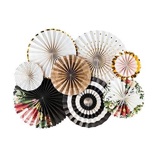 Lalantopparties Party Paper Fans Party Decoration Materials Round Paper Fans Pinwheel Decoration for Wedding Anniversary Bachelorette Bridal Shower Theme Party Pack of 8 Gold Black
