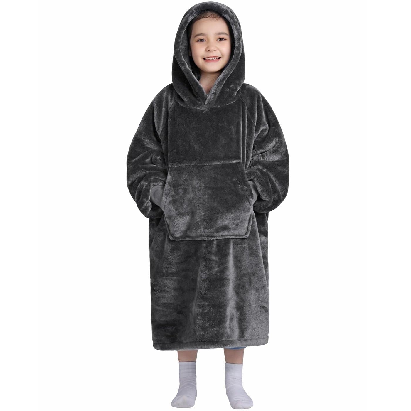 Waitu Wearable Blanket for Kids Cozy Wearable Blanket Hoodie for Teens Girls Boys Warm Blanket Sweatshirt Gift for Teenage Hoodie Blanket with Sleeves and Giant Pocket Dark Gray