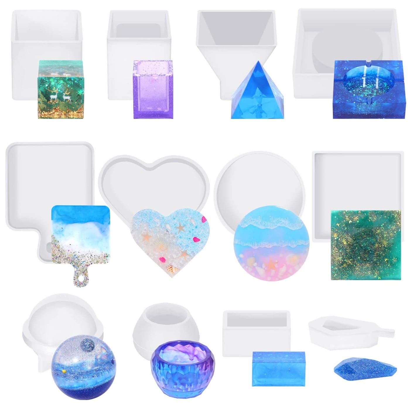 KISREL Resin Molds Kit 12PCS Epoxy Resin Silicone Molds Resin Mold Including Cube Pen Container Pyramid Tray Love Round Square Ball Flowerpot Cuboid Crystal