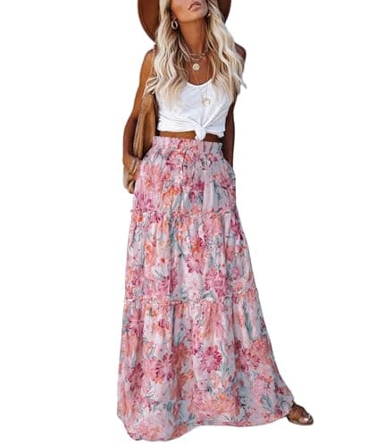 EARKOHA Womens Casual High Waist Tie Paisley Print Long Maxi Skirt with Pockets Peony Colored XL