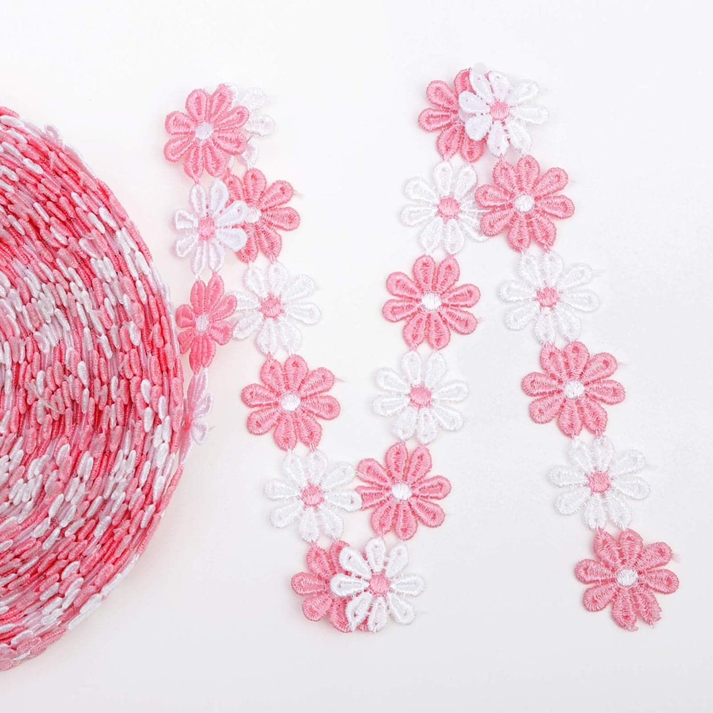 IDONGCAI Daisy Flower Lace Trim Embroidered DIY Handmade Patchwork Ribbon Sewing Supplies Crafts 25CM Wide 7Yards Pink