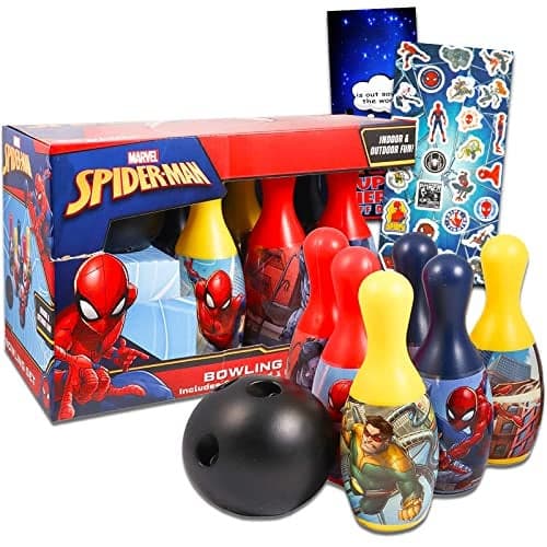 Marvel Spiderman Bowling Games Activities Bundle for Toddlers, Kids - 3 Pc Superhero Bowling Set with Stickers, and More (Spiderman Playset)