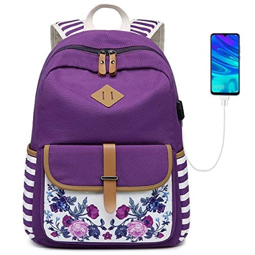 goldwheat Girls Backpack Canvas Schoolbag Bookbag Laptop Bag Rucksack with USB Charging Port