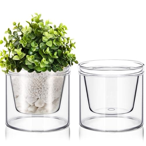 Baderke 2 Pcs 4 Inch Self Watering Pot for Indoor Plants Clear Glass Planter Small Plant Pot with Saucer Reservoir Drainage Holes Bottom Watering Pot for African Violet Orchid Flowers Houseplant