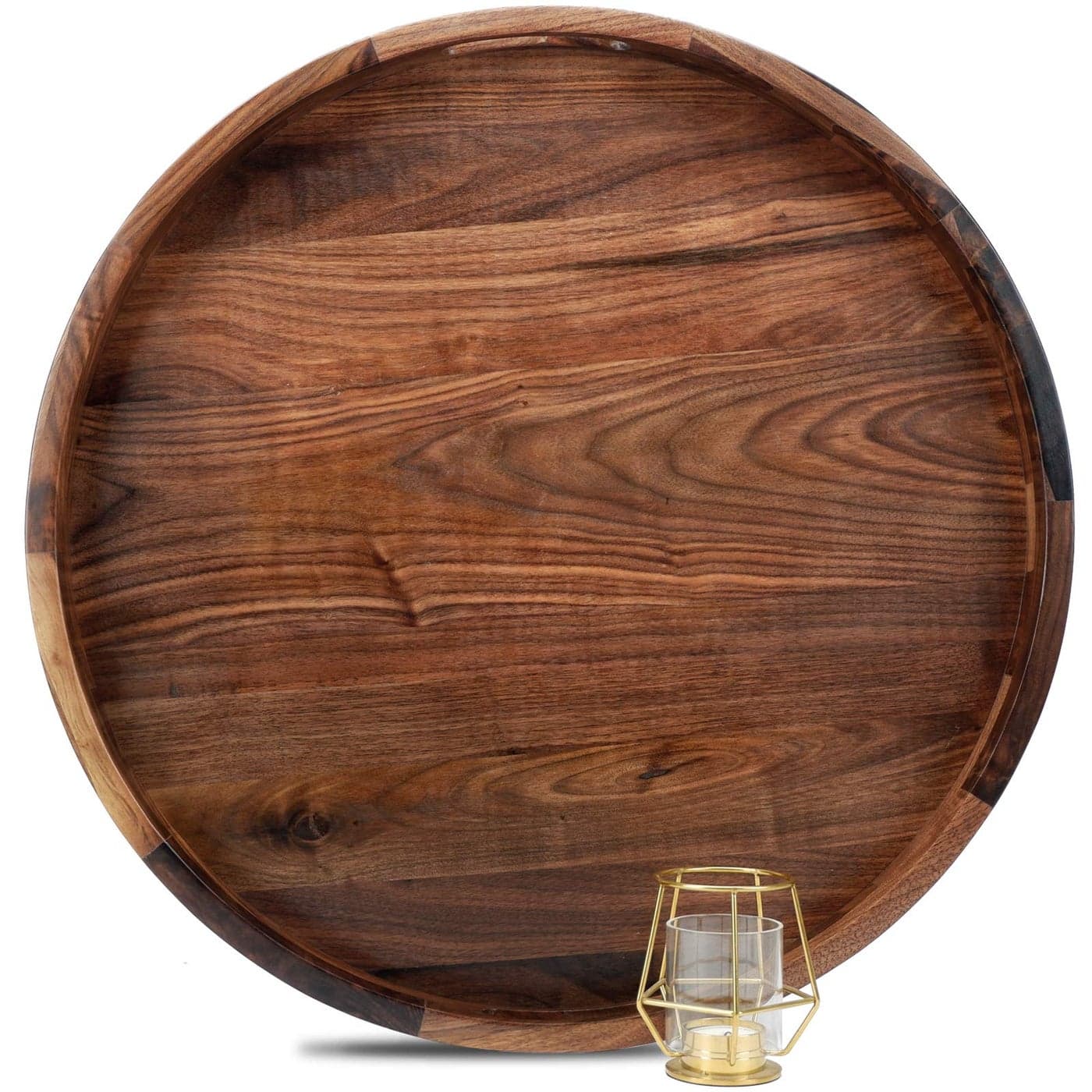 MAGIGO 22 Inches Extra Large Round Black Walnut Wood Ottoman Tray with Handles Serve Tea Coffee or Breakfast in Bed Classic Circular Wooden Decorative Serving Tray