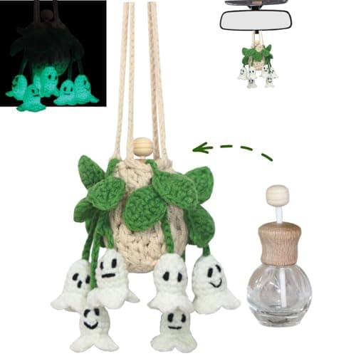 ROFIGL Handmade Crochet Hanging Car Air Freshener GlowintheDark Lily of the Valley Plant with 12ml Refillable Essential Oil Diffuser Bottle Halloween Car Accessories Bedroom Nightlight Decor