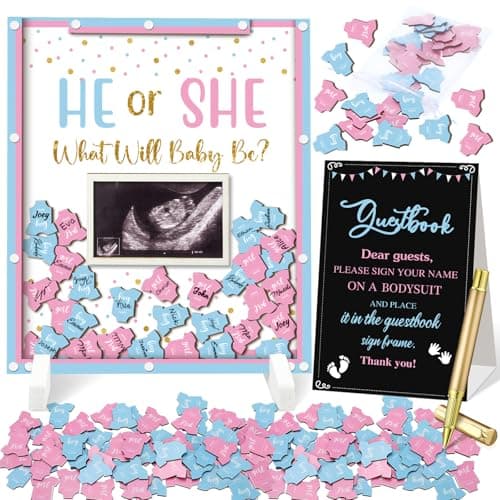 Beeveer 65 Pcs Gender Reveal Baby Shower Guest Book Alternatives He or She Gender Reveal Decorations Sign in Guest Book with Picture Frame and 60 Wooden Chip for Baby Shower He or She Party Keepsake