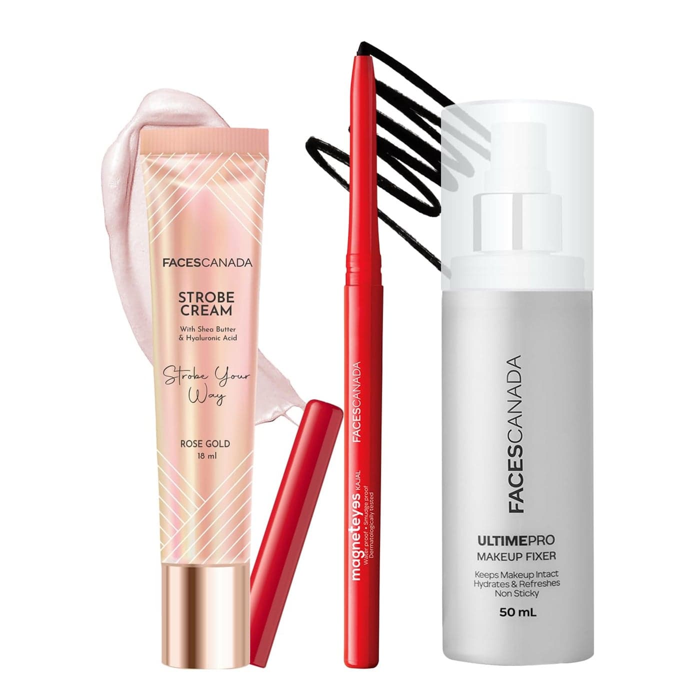 FACESCANADA Glow All Day Combo Strobe Cream Rose Gold 18ml Magneteyes Kajal Black 035g Ultime Pro Makeup Fixer 50ml Long Lasting Glowy Makeup Waterproof Smudgeproof