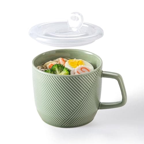Adewnest Ceramic Soup Bowl with Lid & Handle: 32 oz Microwave Safe Food Container for Ramen Noodles Cereal Leftovers - Extra Large Mugs for Breakfast Lunch Picnic Camping - Green, Set of 1