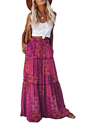 EARKOHA Womens Casual High Waist Tie Paisley Print Long Maxi Skirt with Pockets Purple M