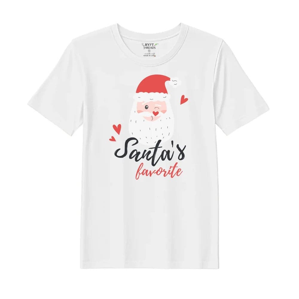BYFT Threads Medium White Polycotton T-Shirt - Christmas "Santa's Favorite" Printed Design, Premium Holiday Collection