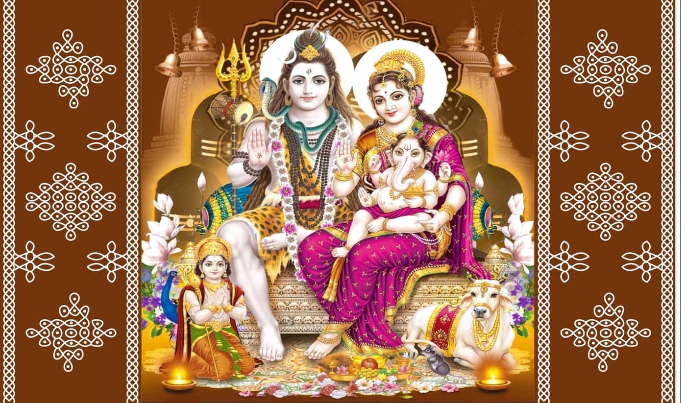Backdropon Lord Shiv Parivar Design Backdrop Cloth for Pooja Decoration Traditional/Background Curtain for Festival Fabric Size 5Feet Height and 8Feet Width(5 * 8)