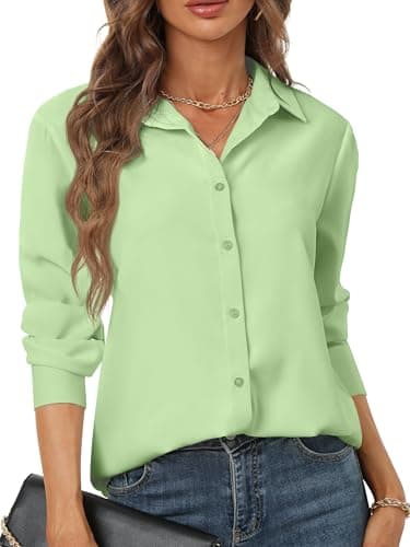 Mint Green Blouse for Women Wrinkle Free Chiffon Blouses & Button-Down Shirt Long-Sleeve v Neck Clothing Ladies Professional Interview Outfit Womans Trendy wear Fall Clothes Light Green Size M