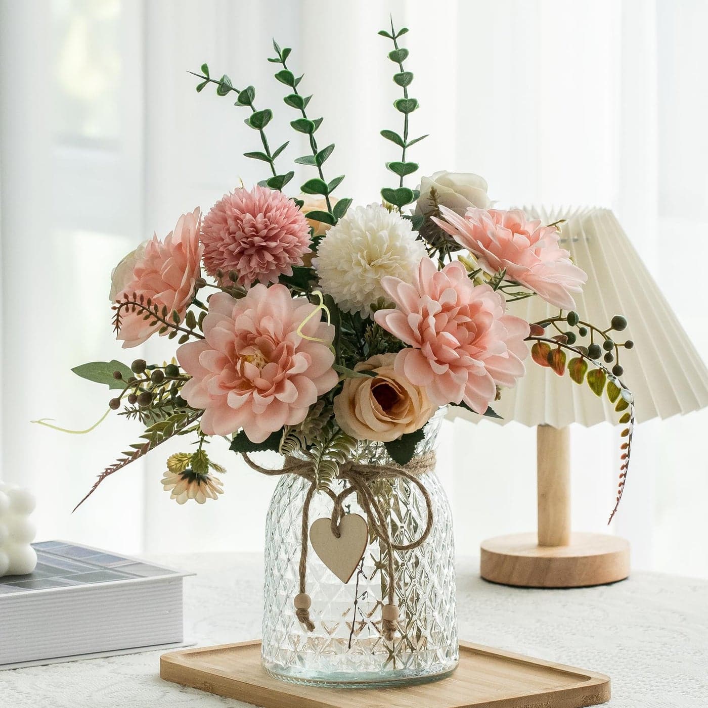 Aubcee Fake Flowers with VaseFaux Flowers in Vase for Home DecorSilk Pink Dahlia Artificial Flowers with Vase for Coffee Table DecorLiving Room Bathroom Plant Decor Centerpiece Table Decorations