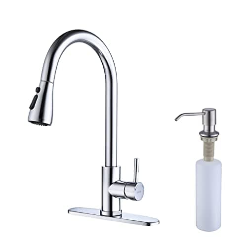 Keer Polished Chrome Single Handle Pull Down Kitchen Faucet with Soap Dispenser, 3 Modes Sprayer, Easy Assembly, Single Handle High Arc Stainless Steel Faucet
