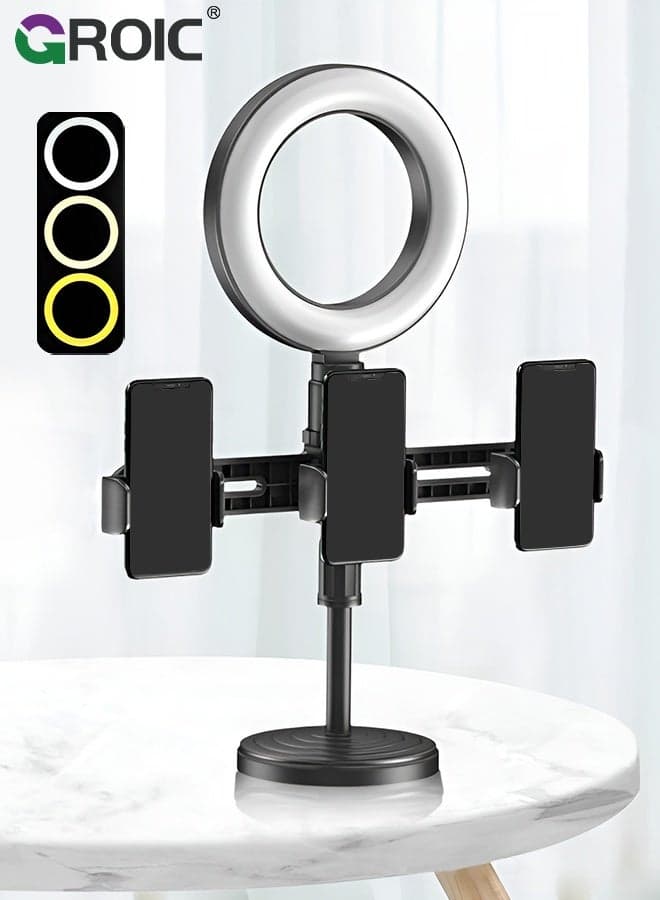 Ring Light with Stand, 3 Phone Holder Live Stream Stand with Ring Light, Adjustable Desktop Tripod with Dimmable 3-Color LED, Multi-Angle Extendable Mount for Live Broadcasting and Vlogging
