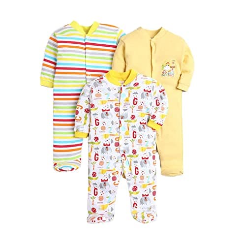 EIO� 100% Cotton Rompers/Sleep Suits/Jumpsuit/Night Suits for Baby Boys & Girls, Infants, New Born Pack of 3 (9-12 Months, Yellow)