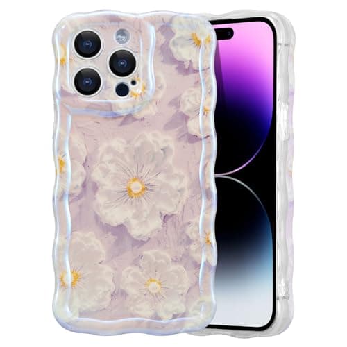 EYZUTAK Case for iPhone 15 Pro Max, Colorful Retro Oil Painting Flower Laser Glossy Pattern Cute Curly Wave Border Exquisite Phone Cover Stylish Durable TPU Protective Case for Girl Women-Light Purple