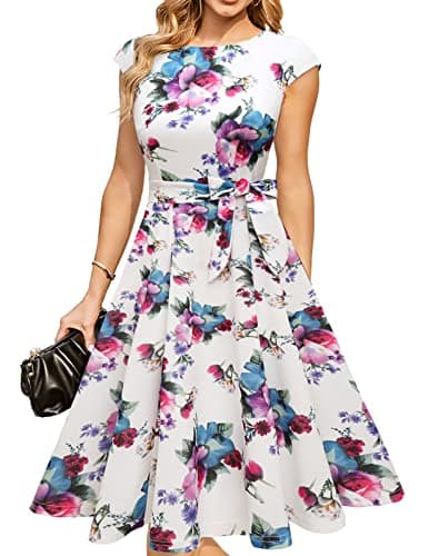 DRESSTELLS Womne's Cocktail Dresses, Formal Wedding Guest Church Mother Bride Floral Ladies Vintage Tea Party Fit Flare Evening Dress White Flower L