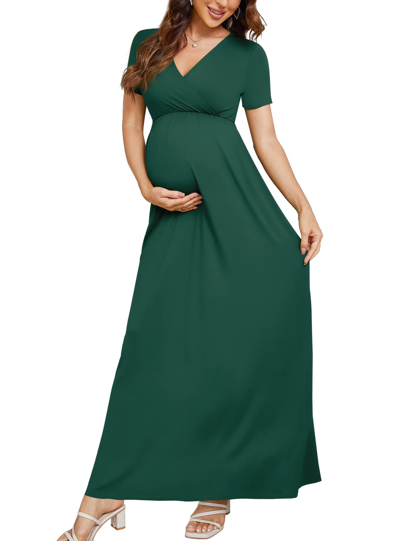 Xpenyo Maternity Dresses Women's Summer Casual Short Sleeve V Neck Wrap Long Maxi Dress Pregnancy Clothes for Baby Shower, Photoshoot, Party, Daily, Nursing, Dark Green XL