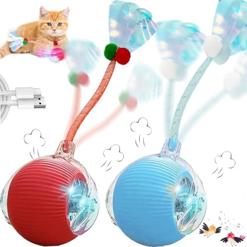 AUPJICX Speedy 20 Tail 2 Packs Interactive Cat Toys for Indoor Cats Automatic Cat Toy with Elastic Mesh Tail Electric Rolling Ball on Carpet Chirping and Motion Activate Cat