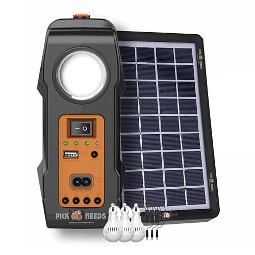 Pick Ur Needs Solar Rechargeable Emergency Inverter Torch Lamp with 3 Individual 6 Volt Led Bulbs & Charging Cable 140W Kit