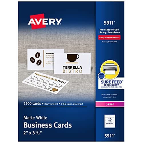 Avery Printable Business Cards with Sure Feed Technology 2 x 35 White 2500 Blank Cards for Laser Printers 05911