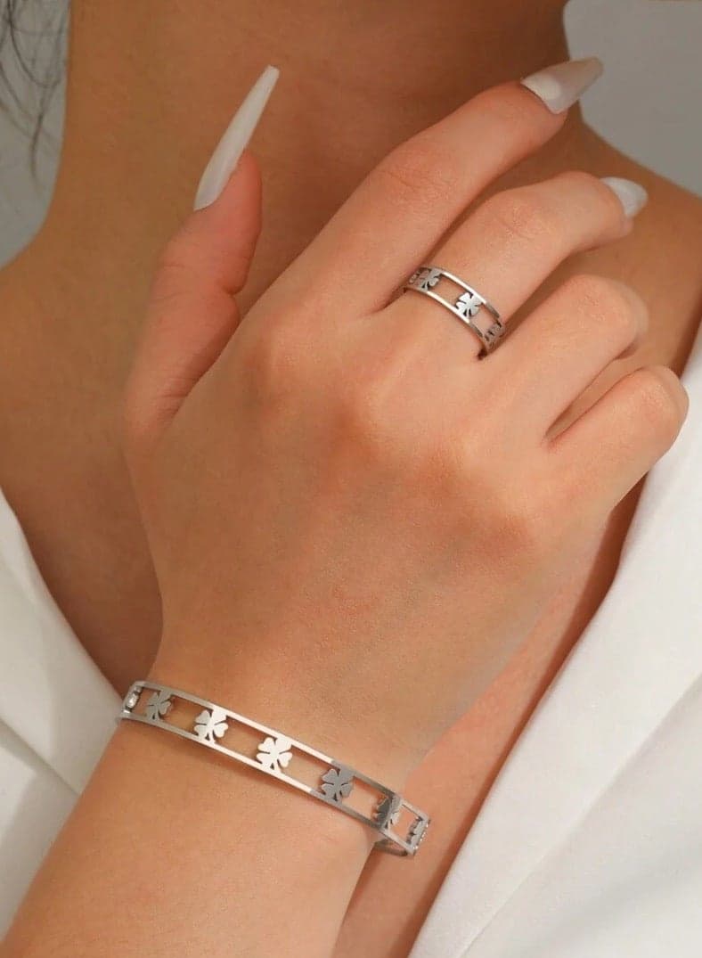 Silver Plated Stainless Steel Bracelet And Ring Set