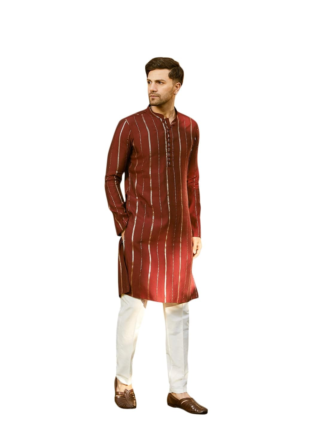 See Designs Men Full Sleeve Maroon And Gold Chanderi Silk Sequins Mandarin Collar Side Slit Kurta With Pyjama - SD2KT_243401XS