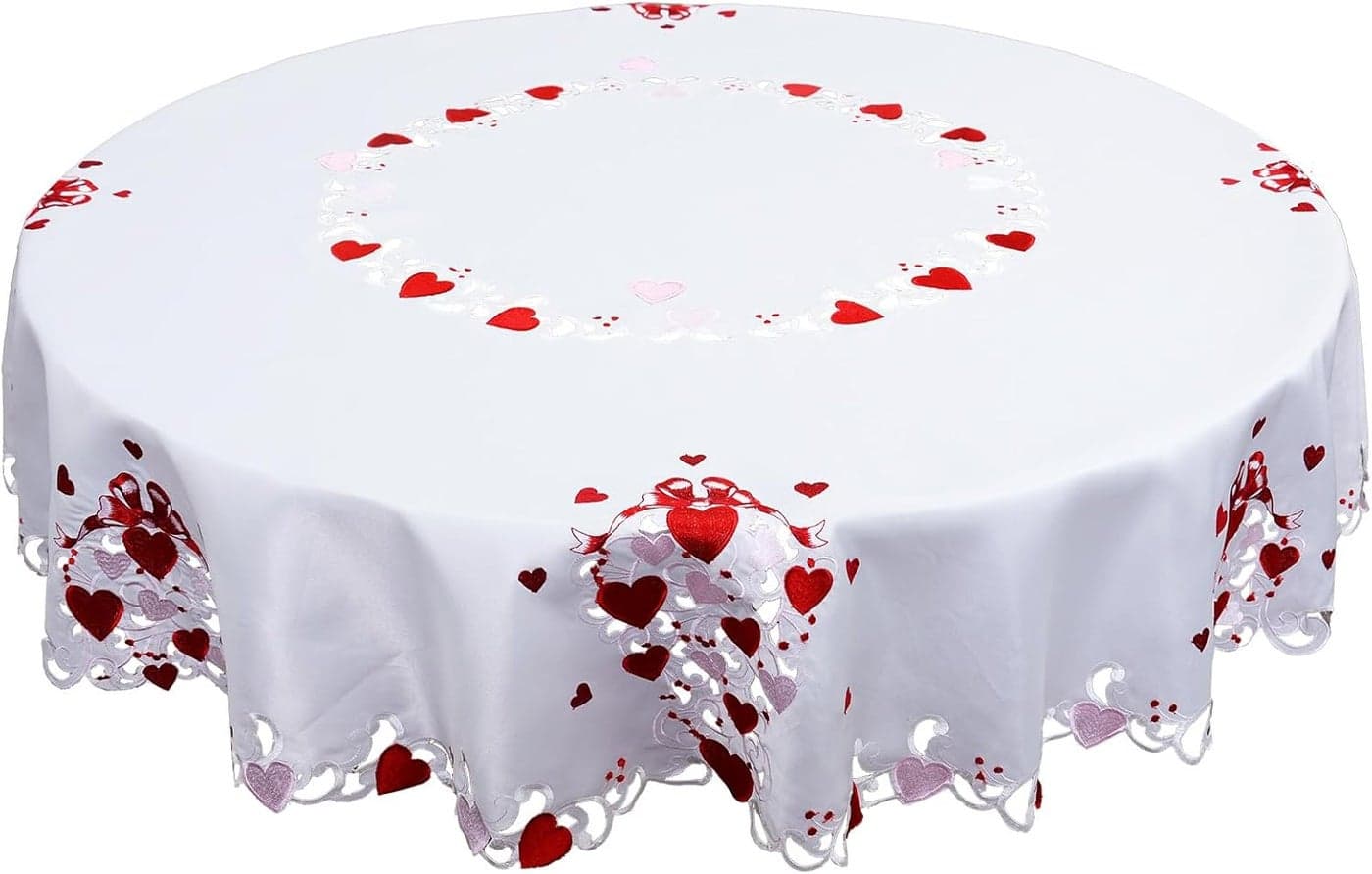 Grelucgo Embroidered Decorative Tablecloth for February 14th White with Red and Pink Hearts Pattern Round 70 inches