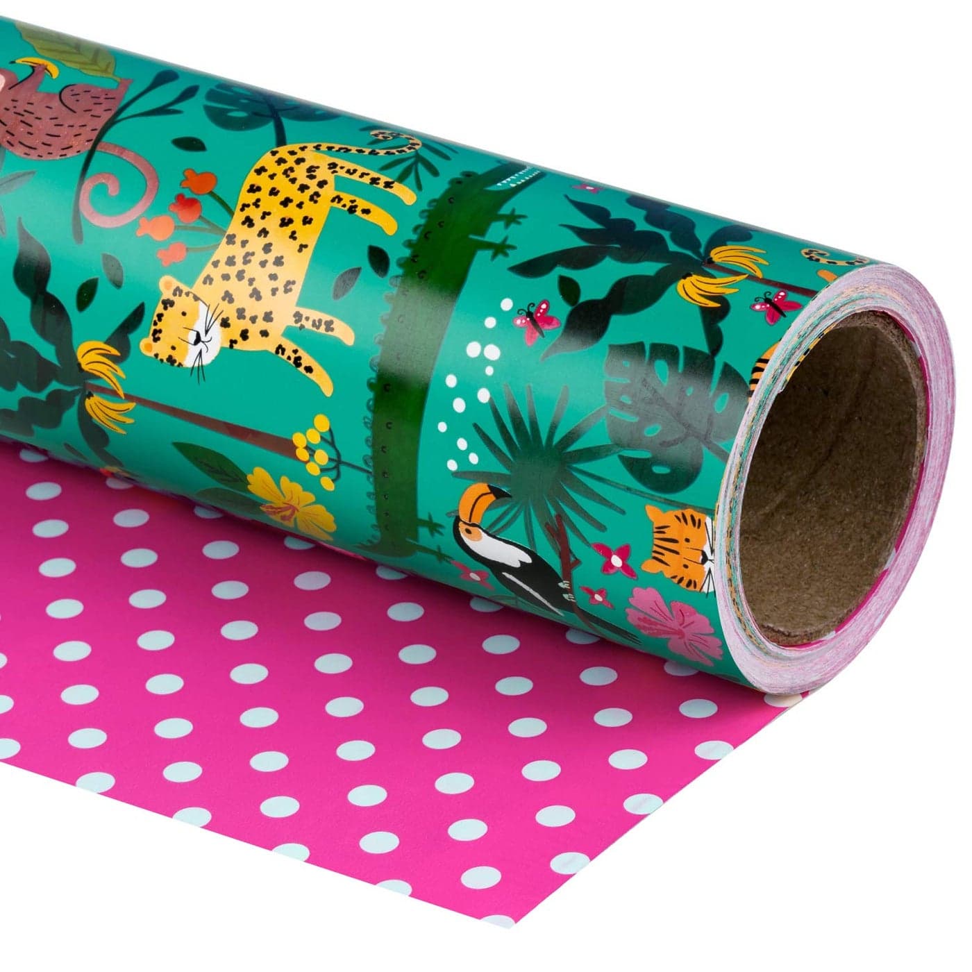 WRAPAHOLIC Reversible Jungle Wrapping Paper Mini Roll 17 Inch x 33 Feet Tigers in the Jungle Wild One Birthday Wrapping Paper for Kids Girls Birthday Baby Shower