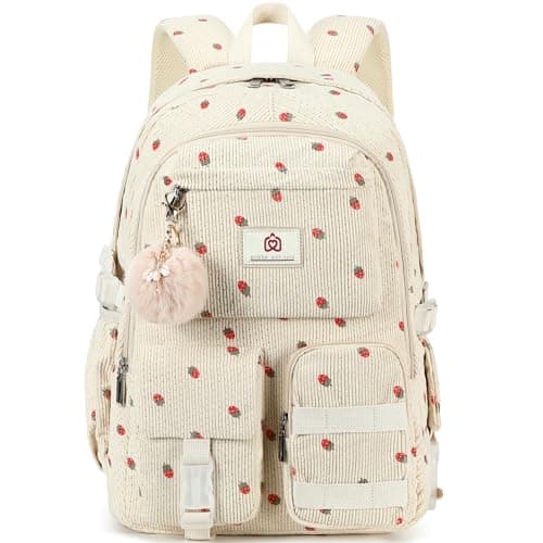 School Backpack for Teens Girls Women 15.6 Inch Laptop College Backpacks Corduroy Work Bag Kids Elementary Middle High Campus Bookbag Students Pack Travel Daypack Womens - Beige Strawberries