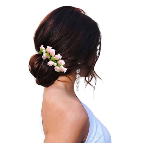 Hair Flare Hair Accessories For Women & Girls, Stylish for Wedding - Artificial Flowers & Pearl Style Juda Bun - Floral Bridal Brooch & Hair Pin, 2751 Rose Comb Slide Baby Pink