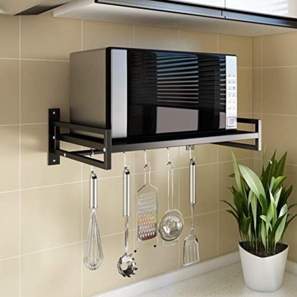 Indian Decor. 71501 Space Saving Storage Microwave Oven Shelf Shelves Wall-Mounted Microwave Oven Rack Shelf Stainless Steel Kitchen Storage Organizer with Hooks - White