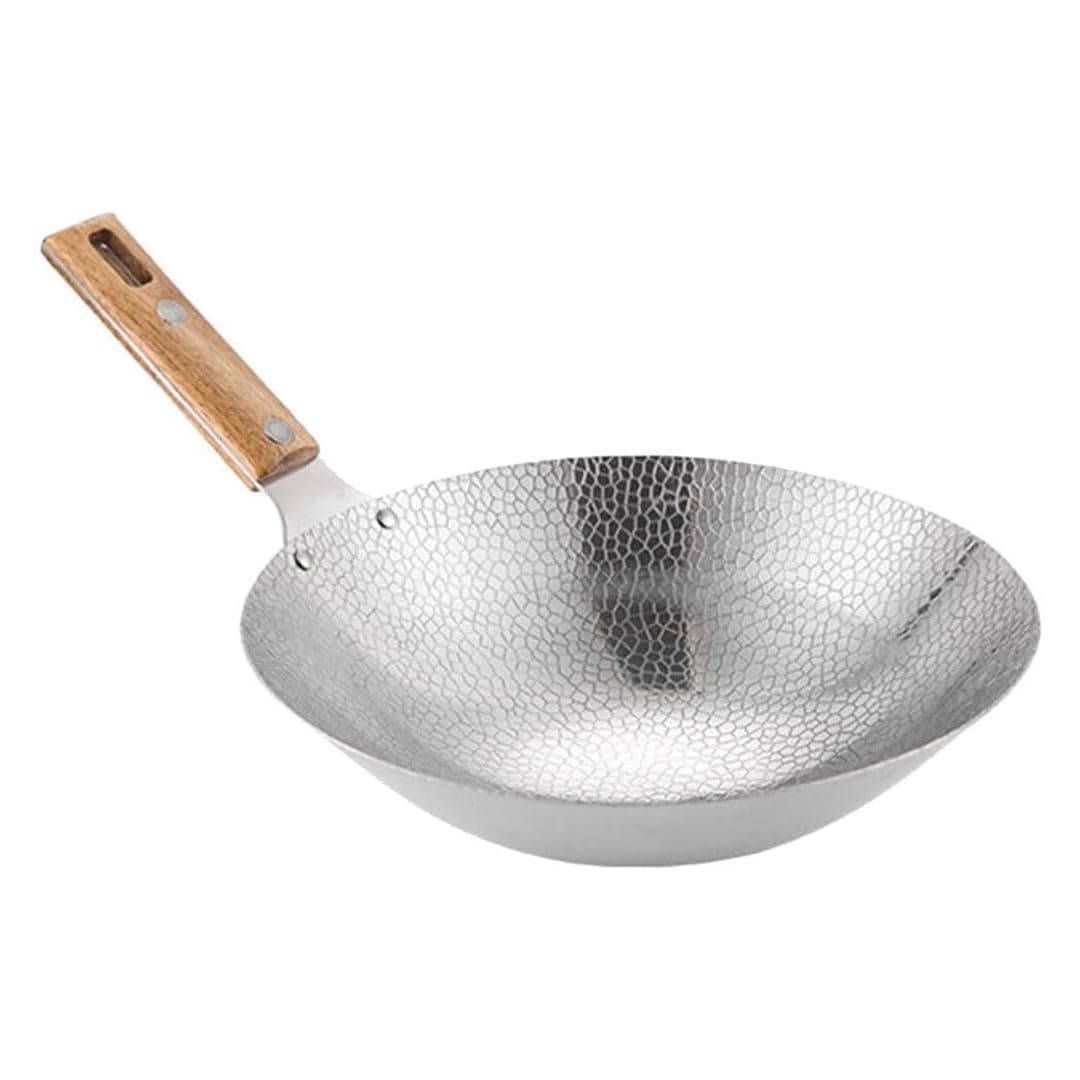 Snevad Stainless Steel Wok and Frying Pan Round Bottom Wok Heavy Hand Hammered Carbon Steel Wok with Wooden and Steel Helper Handle NonStick Aluminum Wok Suitable for Various Stoves 35x24x8 CM