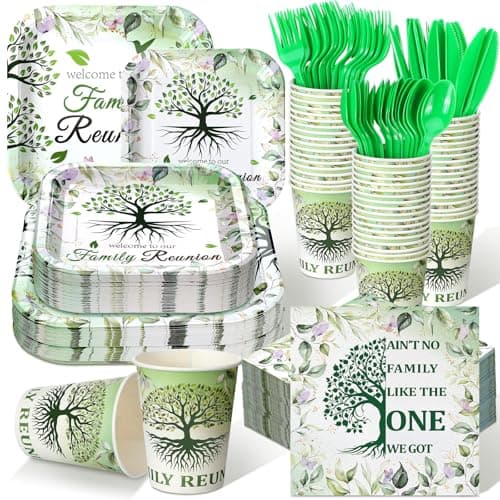 Suttmin 350 Pcs Family Reunion Paper Plates and Napkins Set 9 Inch 7 Inch Disposable Durable Dinnerware Gathering Tree Party Supplies Tableware Serve 50 Guest Cups Knife Forks Spoon