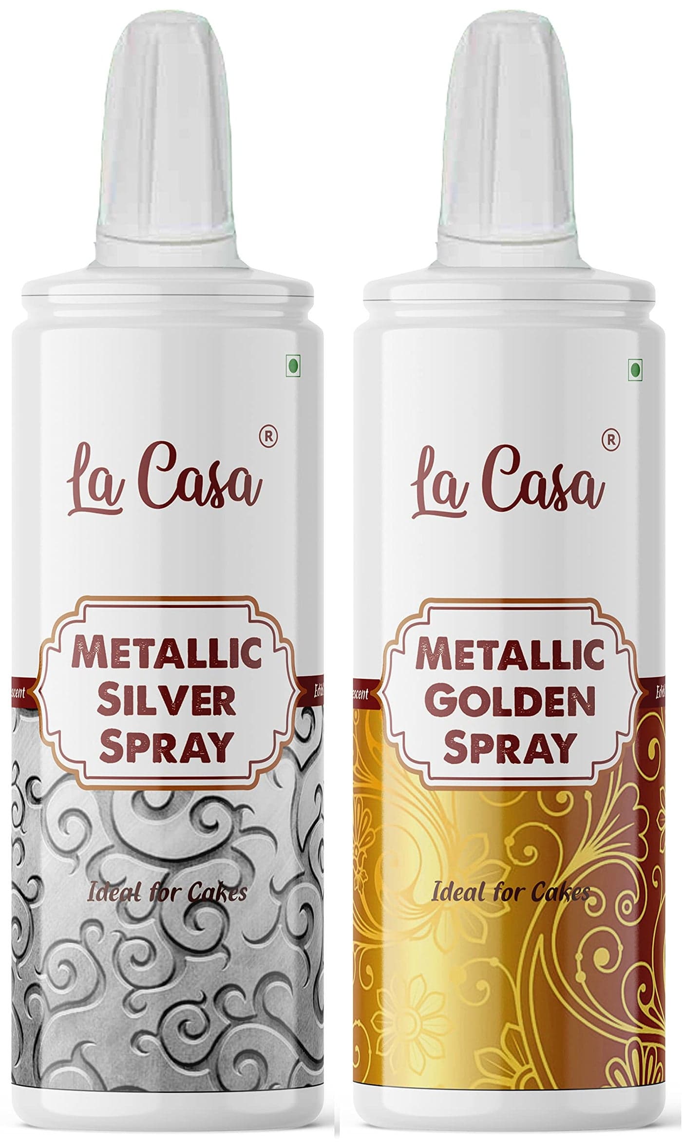 La Casa Metallic Pearlescent Golden & Silver Spray Colour | Combo Pack of 2 | Edible Color Ideal for Cake Decoration & Garnishing | 2x30g |
