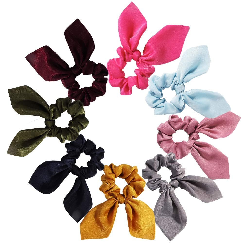 Solid Colors Hair Scrunchies Cute Bunny Ears Hair Ties Ponytail Holders with Bow Women Girls 8 ColorsA