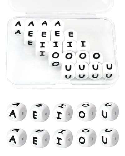 20Pcs FIVEIZERO Silicone Letter Beads White 12mm Vowels Alphabet BeadsSquare Letter Bead for Bracelets and Keychains Large Letter Bead for Necklaces and Lanyards Making