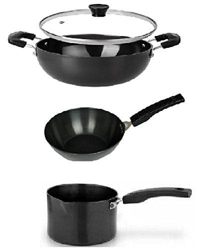 ROYAL SAPPHIRE Hard Anodized cookware Combo Non Stick Set - Deep Fry pan, kadhai (with lid) and Sauce pan