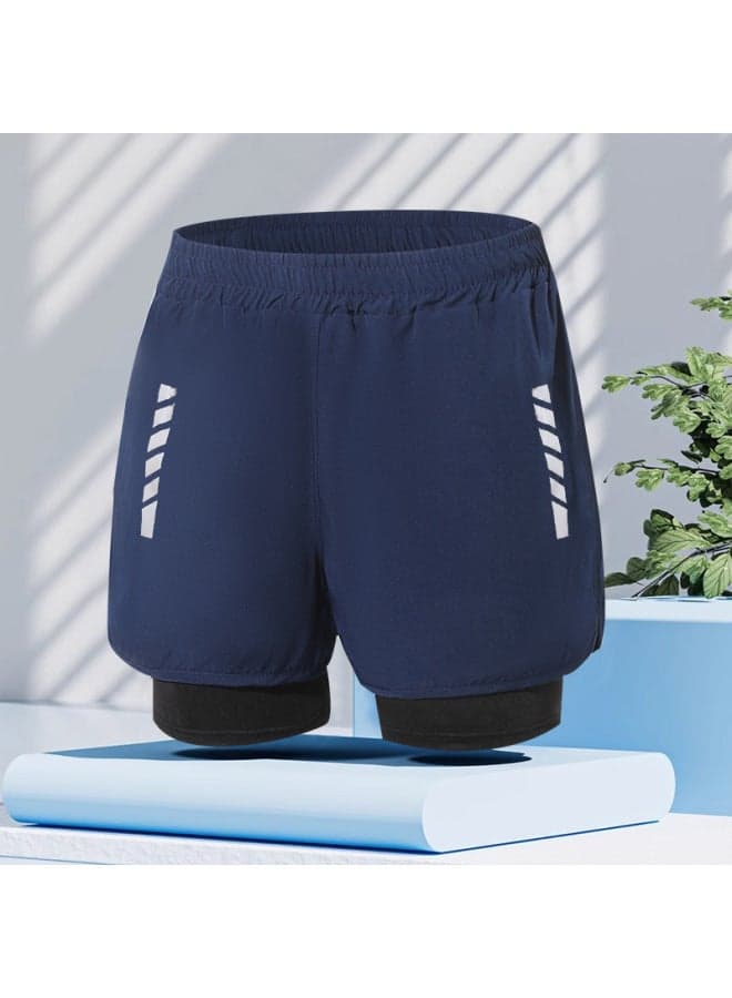 Loose Fashion Swimming Trunks Men's Double-layer Anti-embarrassment Professional Five-point Quick-drying Swimsuit Sports Beach Swimming Equipment-Color:Blue 3620-