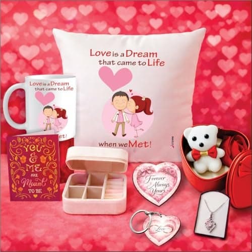PICRAZEE Romantic Gift Combo (Cushion+Filler, Mug, Teddy-Roses in Metal Box, K-Ring, F-Magnet, G-Card, Jewelry Box, Heart Pendant) Perfect Love Gift